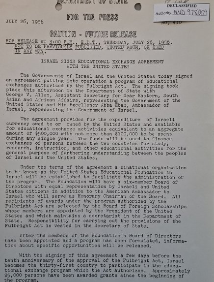Press release of Fulbright agreement signed between the Israel and the United States in 1956