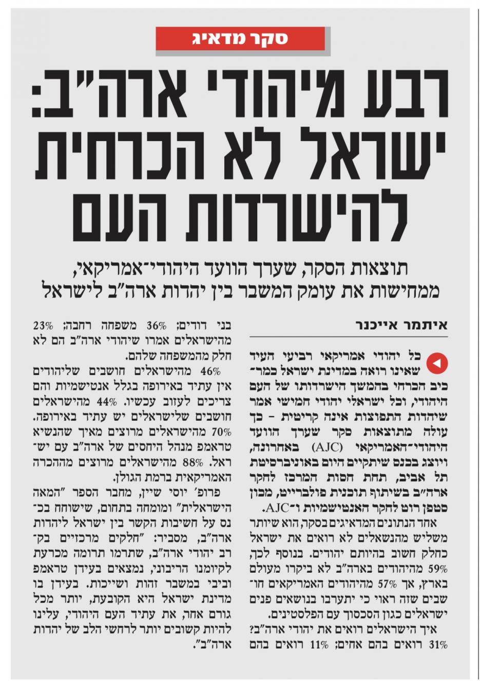 רבע מיהודי ארה"ב: ישראל לא הכרחית להישרדות העם